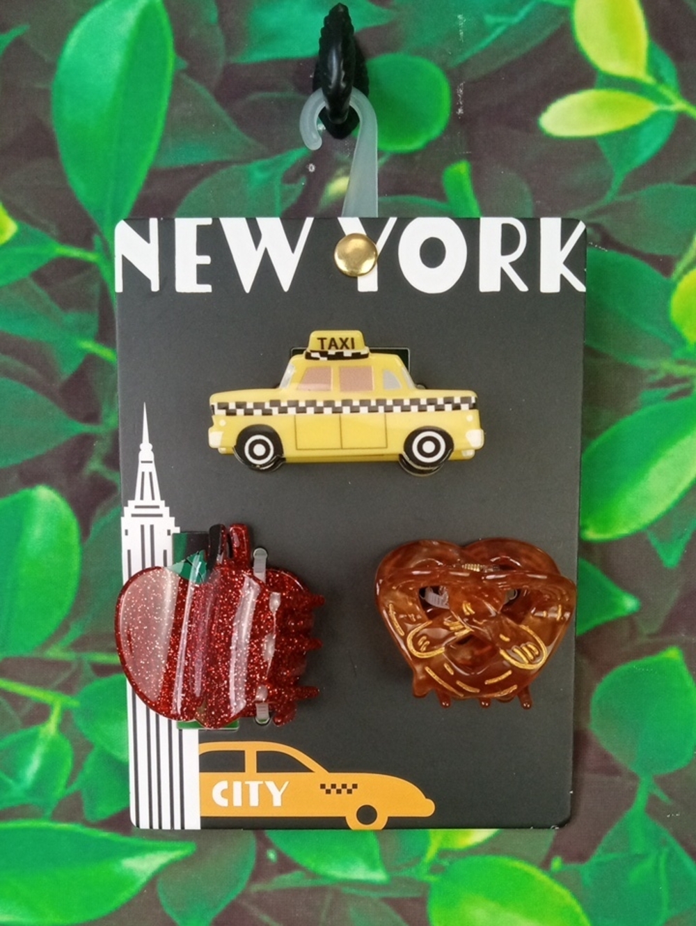 🛍️ New York Hair Clip Set - Yellow Taxi, Red Apple & Brown Pretzel